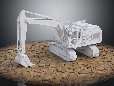 White Excavator 3D Model With Tracks And Bucket On Cracked Stone Ground 3d model