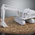 White Excavator 3D Model With Tracks And Bucket On Cracked Stone Ground