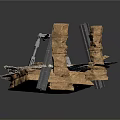 3D Model Bridge Components Featuring Stone Base Metal Supports And Wooden Beams