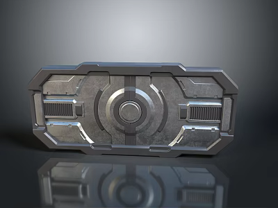 Futuristic Metallic Gate with Circular Central Design and Striped Panels on Reflective Surface 3d model