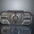 Futuristic Metallic Gate with Circular Central Design and Striped Panels on Reflective Surface
