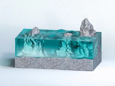 Transparent Blue Resin Cube Ornament Set With Rock Decor And Gray Base 3d model