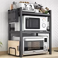 Kitchen Appliances Organized on Multi Tier Shelf With Microwave Oven Toaster and Herringbone Tile Wall