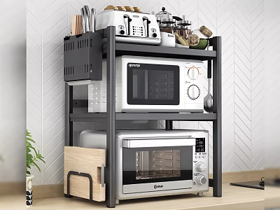 Kitchen Appliances Organized on Multi Tier Shelf With Microwave Oven Toaster and Herringbone Tile Wall 3d model