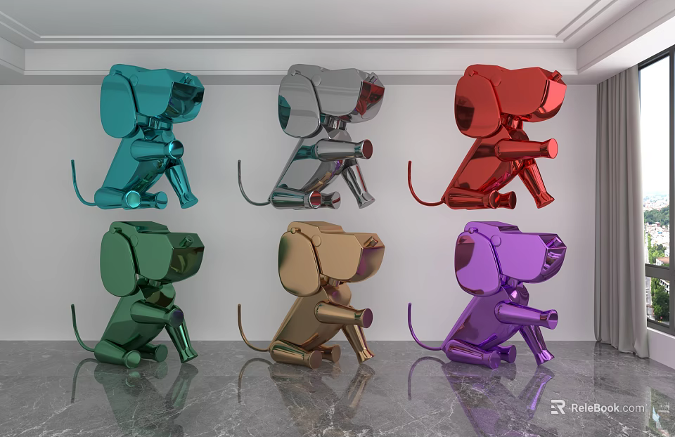 Colorful Metallic Dog Shaped Sculptures For Indoor Art Decoration 3d model 