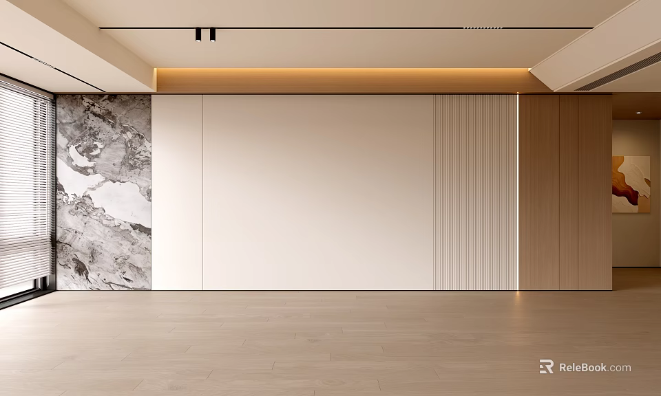Modern Minimalist Living Room Interior With Marble Accent Wall Light Panels And Wooden Elements 3d model 