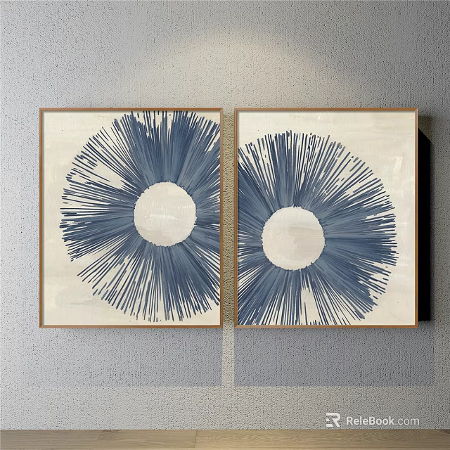 Two Blue Radial Pattern Wall Artworks With White Circle Center And Wooden Frames 3d model