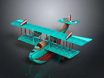 Vintage Teal Biplane Model With Red Round Emblems And Wooden Body 3d model