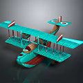 Vintage Teal Biplane Model With Red Round Emblems And Wooden Body