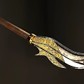 Traditional Decorative Spear With Golden Accents Intricate Patterns On Spearhead And Shaft Against Black Background