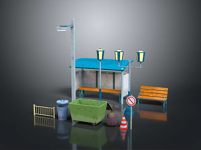Urban Street Scene Components With Bus Stop Shelter Benches Trash Bins And Traffic Signs 3d model