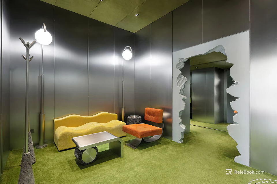 Private Box Interior With Yellow Sofa Orange Chair Silver Walls and Green Carpet 3d model 
