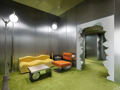 Private Box Interior With Yellow Sofa Orange Chair Silver Walls and Green Carpet 3d model