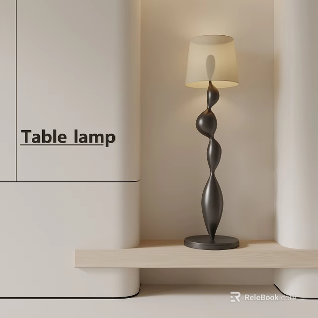 Modern Black Floor Lamp With Spiral Design And Cream Shade On Wooden Shelf 3d model 