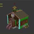 Wooden Church Building With Cross On Bell Tower Clock Stone Base Steps And Sloped Roof