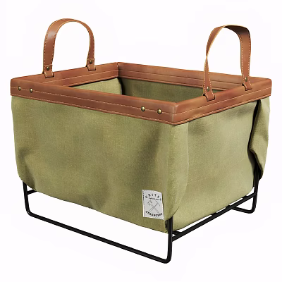 Green Canvas Storage Basket With Brown Leather Handles And Black Metal Frame For Home Organizing 3d model