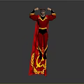 Powerful Game Movie Character In Red Costume With Black Cape And Gold Accents Flexing Muscles