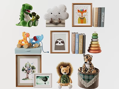 Cute Stuffed Animal Toys Dinosaur Cloud Giraffe Lion Leopard with Frames Books and Stacked Rings 3d model