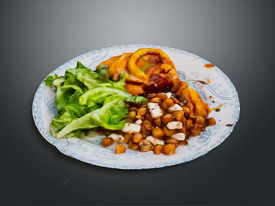 Colorful Fresh Food Plate With Green Lettuce Orange Slices Tofu Cubes And Brown Sauce 3d model