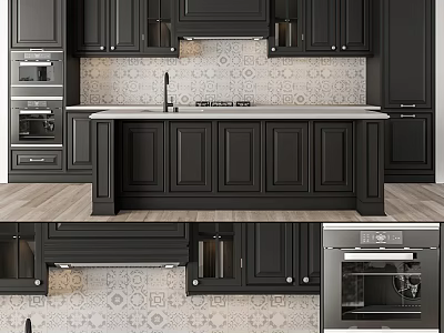 Modern Kitchen With Black Cabinets Island Counter Patterned Tiles And Oven 3d model