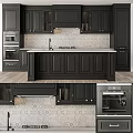 Modern Kitchen With Black Cabinets Island Counter Patterned Tiles And Oven