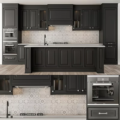 Modern Kitchen With Black Cabinets Island Counter Patterned Tiles And Oven 3d model