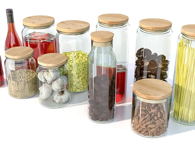Glass Jars With Wooden Lids Storing Various Food Ingredients In Kitchen 3d model