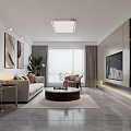 Modern Living Dining Room Interior Design With White Sofa Round Coffee Table And Decorative Paintings