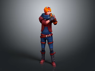 3D Fantasy Character With Orange Hair Red Coat Blue Pants And Creature Inspired Weapon 3d model