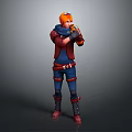 3D Fantasy Character With Orange Hair Red Coat Blue Pants And Creature Inspired Weapon