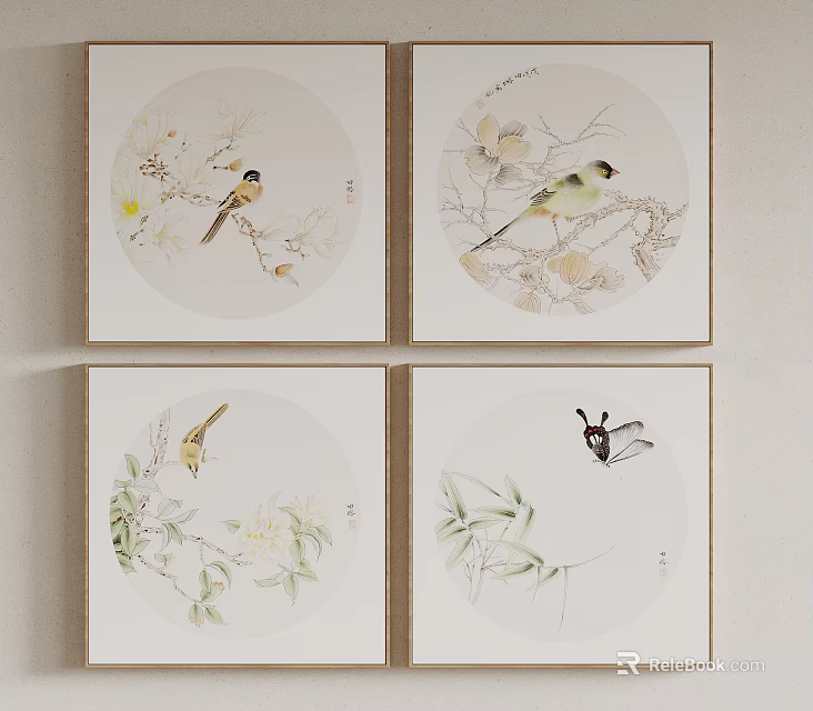 Elegant Traditional Chinese Circular Paintings With Birds Butterflies And Bamboo Leaves 3d model 