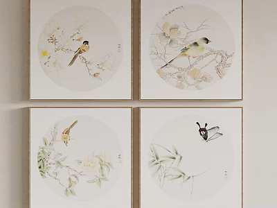 Elegant Traditional Chinese Circular Paintings With Birds Butterflies And Bamboo Leaves 3d model