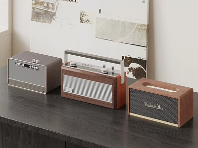 Vintage Radio Speakers With Different Designs Wooden Metal Finish On Tabletop 3d model
