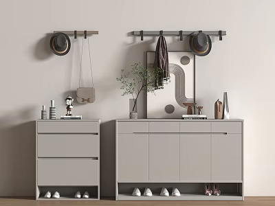 Minimalist Shoe Cabinet Design With Hanging Hooks And Decorative Plants 3d model