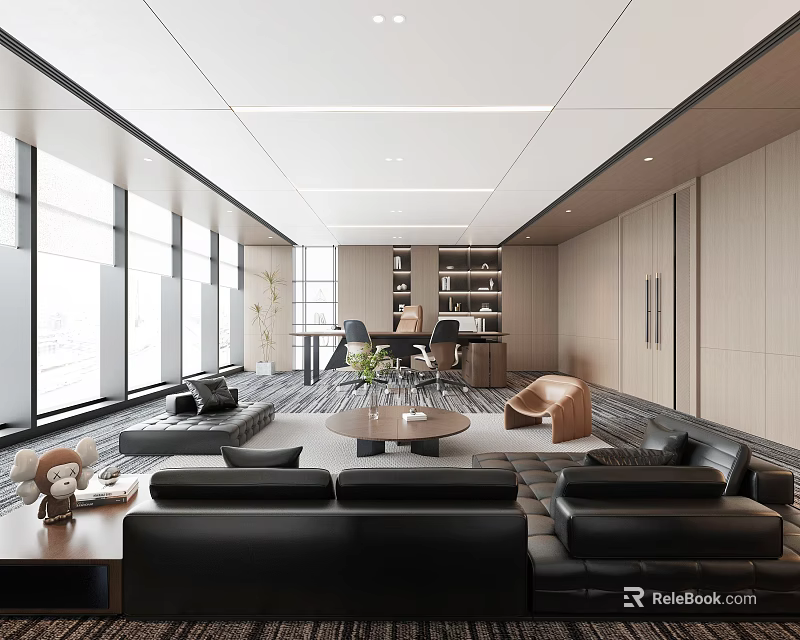 Modern Office Interior With Large Windows Black Sofas And Wooden Bookshelves 3d model 