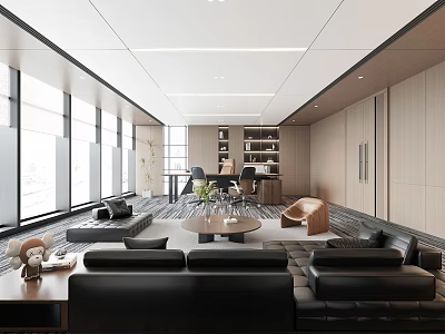 Modern Office Interior With Large Windows Black Sofas And Wooden Bookshelves 3d model