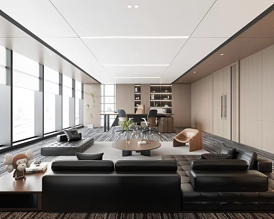 Modern Office Interior With Large Windows Black Sofas And Wooden Bookshelves 3d model