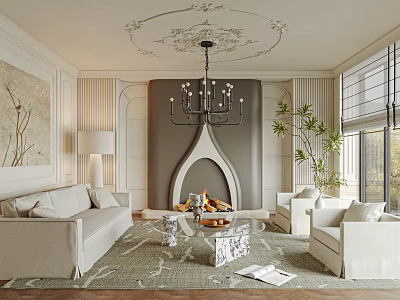 Elegant Classic Living Room Interior With Fireplace Chandelier Sofa Armchairs And Potted Plant 3d model
