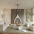 Elegant Classic Living Room Interior With Fireplace Chandelier Sofa Armchairs And Potted Plant