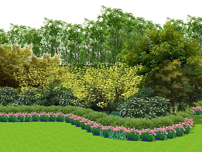 Lush Green Trees in Garden Landscape With Yellow Shrubs and Pink Flowers 3d model