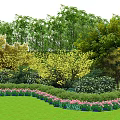 Lush Green Trees in Garden Landscape With Yellow Shrubs and Pink Flowers