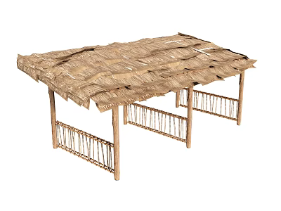Outdoor Wooden Table And Chair Set With Thatched Roof And Railings 3d model