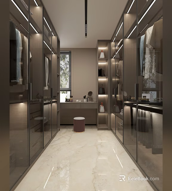 Luxurious Walk in Closet Interior With Glass Cabinets LED Lighting Marble Floor And Mirrors 3d model 