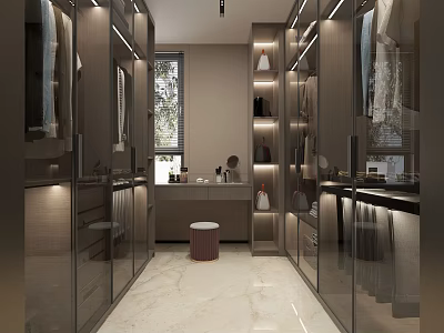Luxurious Walk in Closet Interior With Glass Cabinets LED Lighting Marble Floor And Mirrors 3d model