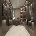 Luxurious Walk in Closet Interior With Glass Cabinets LED Lighting Marble Floor And Mirrors