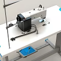 Industrial Sewing Machine on White Workbench with Blue Edge and Foot Pedal