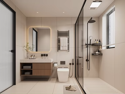 Modern Bathroom Interior Design With Round Mirror Wooden Vanity Glass Shower And Tiled Floor 3d model