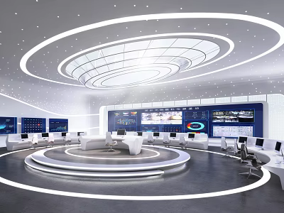 Modern Monitoring Room Interior Design With Multiple Screens Control Consoles And Circular Layout 3d model