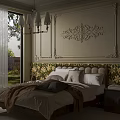 Elegant Bedroom Featuring Ornate Wall Panels Floral Headboard Chandelier Large Window And Green View