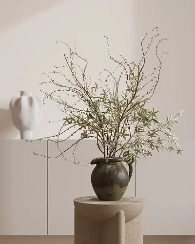 Minimalist Decorative Ornament Combination With Clay Vase Branches And White Sculpture On Shelf 3d model